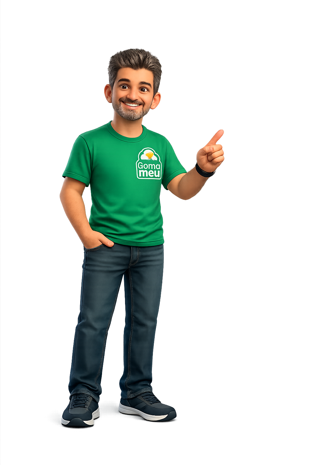 Atendente da Sonho Meu de camiseta verde apontando pra você